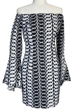 Bardot black white Mini Dress Flare Bell Sleeve Off Shoulder Size S NWT